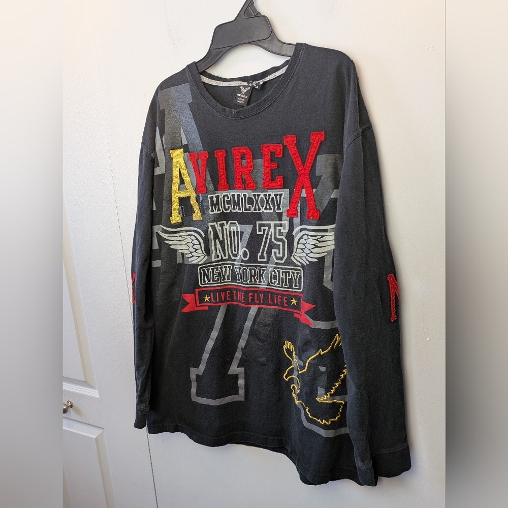 VTG Y2K AVIREX Men Long Sleeve Shirt Size XL Black Streetwear Baggy Loose Fit